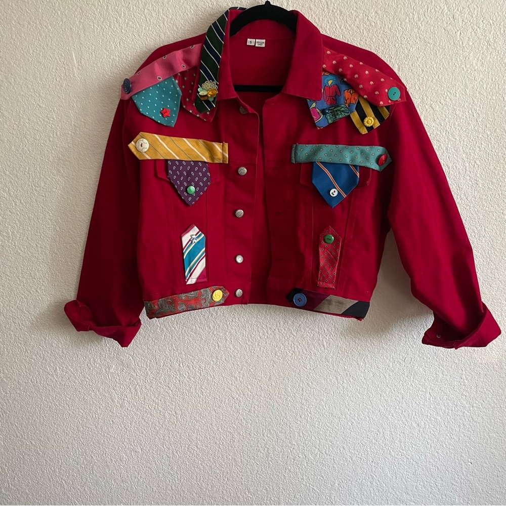 Unique Red Denim Jacket With Ties Patchwork - image 4